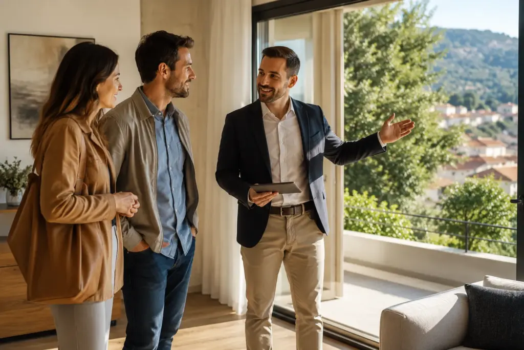 Pareja visitando una vivienda para comprar en Santa Coloma de Farners junto a un asesor inmobiliario