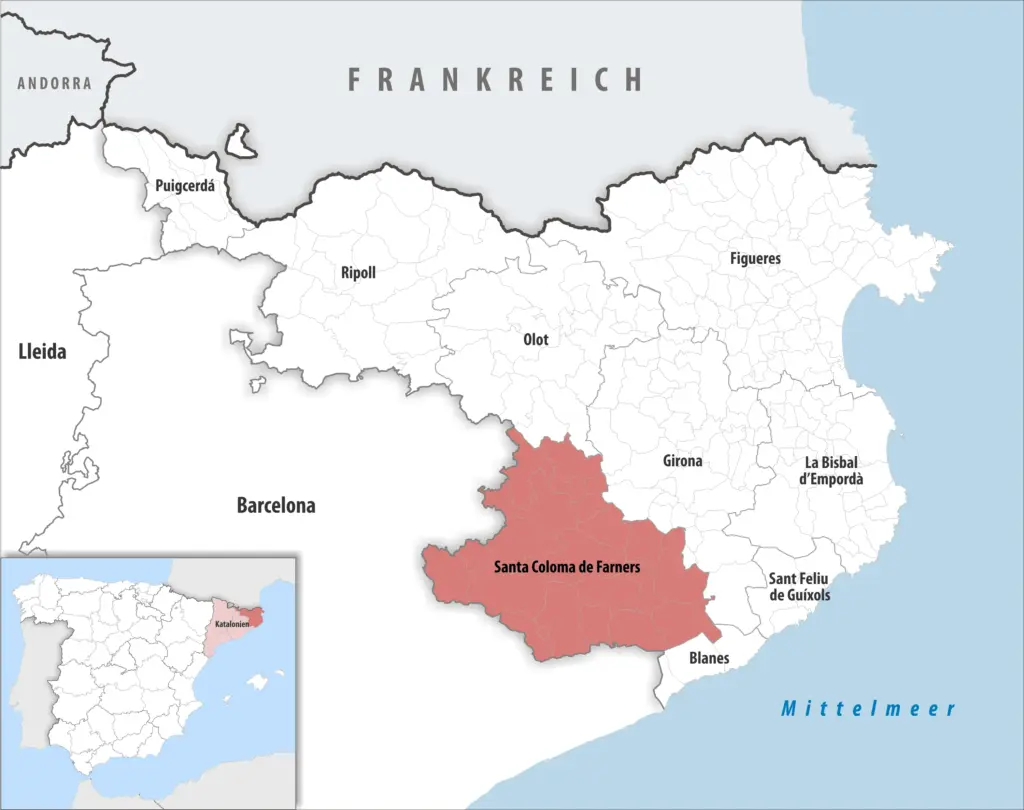Mapa de ubicación de Santa Coloma de Farners en la comarca de La Selva, provincia de Girona