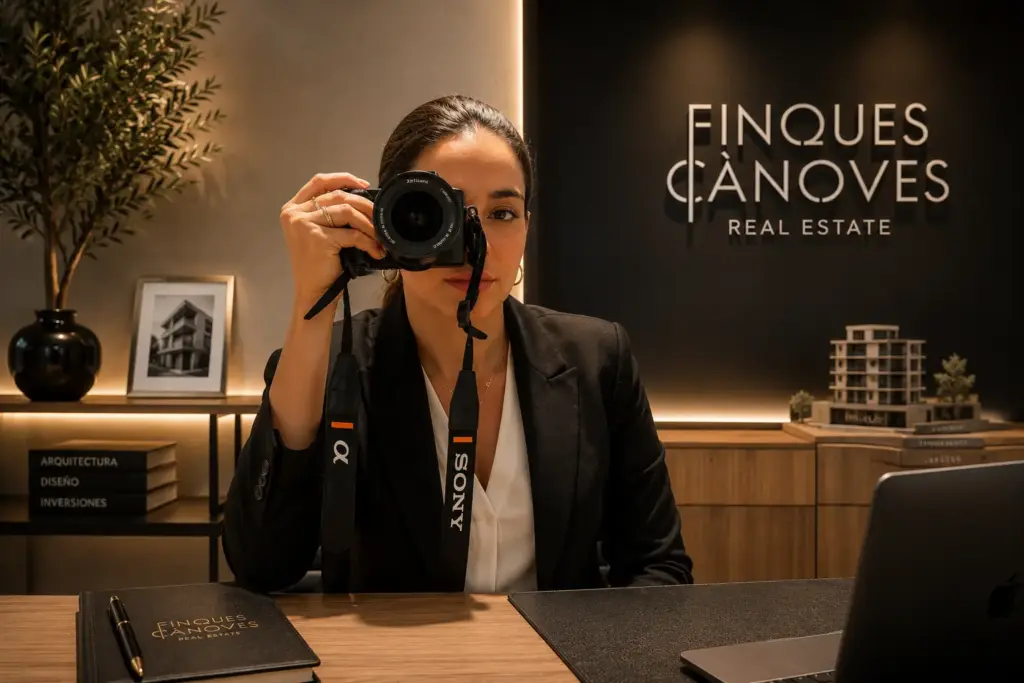 Fotógrafa profesional de Finques Cànoves realizando fotografía inmobiliaria para el servicio de Home Staging y Marketing Inmobiliario.